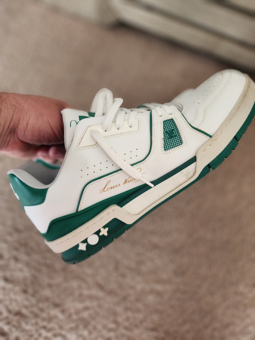 Louis Vuitton White and Green Athletic Sneakers